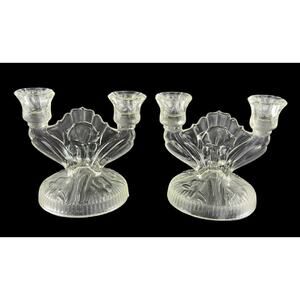 Vintage Clear Glass Double Candlestick Holders Set Of 2 Iris & Herringbone
